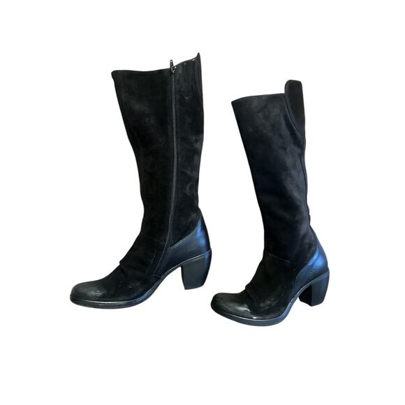 Women 40 Fly London Black Leather Knee-High Heeled Boots Brushed Suede - Picture 5 of 9